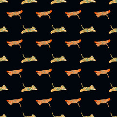 Contrast dark seamless pattern with doodle little jumping tigers ornament. Black background. Simple design.