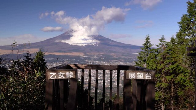 Beautiful high above viewpoints towards snow-covered Mt. Fuji on clear day