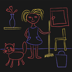 Child's drawing with crayons. Cute kids doodle depicting a girl and a cat at home. Cartoon girl or woman is cleaning up.
