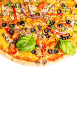 Pizza with mushrooms, black olives, basil leaf and cheese