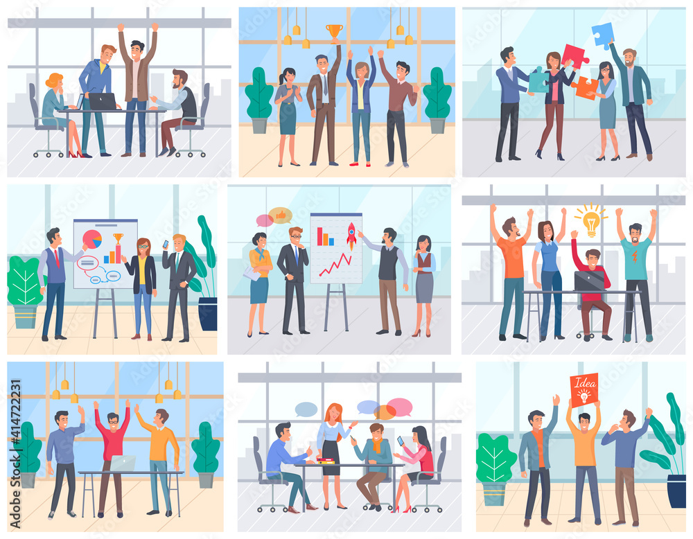 Poster office workers on team meeting vector, successful team teamwork with idea. brainstorming concept. pe