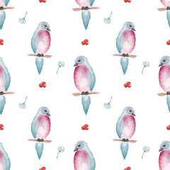 Spring watercolor pattern, blue birds with pink breasts on the branches, blue flowers, red berries on a white background, illustration by hand