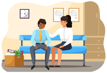 Man and woman sitting on the bench in office upset business people in sad feeling and emotional concept. A colleague consoles a frustrated employee. Problems at work and in career, staff reduction
