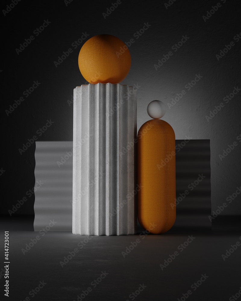 Poster 3d still life render. abstract shape composition with sphere, capsule. dark gamma with bright orange