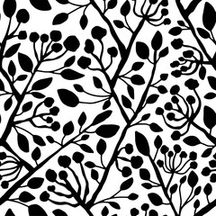Blooming tree branches with flowers and leaves black and white seamless pattern vector. Decorative natural spring surface design. Perfect for textile, wallpaper, sheet set, table cloth, tea towel, etc