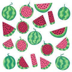 Watermelon fruit set isolated on white stock vector illustration. Funny cartoon whole and sliced watermelon with seeds. Colorful summer fruits with pink and red pulp isolated on white background