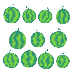 Whole watermelons cartoon set stock vector illustration. Striped hand drawn ripe watermelon fruits isolated on white. Funny juicy summer fruits set square page vector. Eleven unique watermelons set