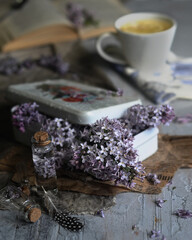 Obraz na płótnie Canvas still life with a metal box with lilac flowers in vintage style side view on gray textured background closeup. Selective focus