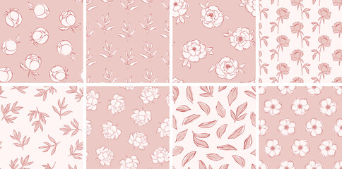 Set of line art repeatable patterns with peony flowers, branches. Collection of delicate vector patterns for wedding design, romantic holidays. Line art floral backdrop. Botanical patterns collection
