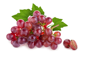 Ripe red grape. Pink bunch with leaves isolated on white. With clipping path.
