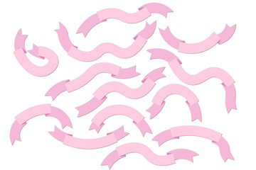 Set of pink silhouette doodle ribbons isolated on white background. Ribbon banner vector illustration. Hand drawn lace.