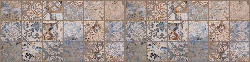 Old brown gray rusty vintage worn shabby patchwork square mosaic motif tiles stone concrete cement wall texture wallpaper background banner panorama
