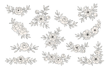 Hand drawn collection of line art peony arrangements. Delicate floral compositions for decorative design and romantic holidays. Botanical illustration isolated on white. Wedding concept with flowers © simpleblues