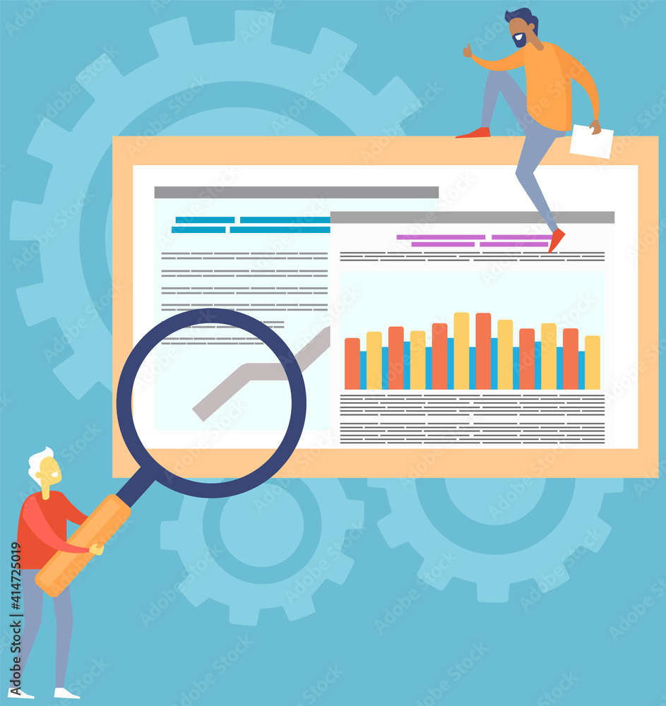 Poster men with magnifying glass analyze statistical indices on presentation with graph and charts on board