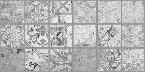 Fototapeta na wymiar Gray white worn seamless bright vintage retro geometric square mosaic motif cement tiles texture background