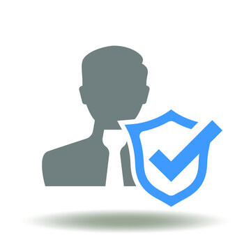 Man and shield with check mark vector icon. CCO Chief Compliance Officer Symbol. DPO GDPR Logo.
