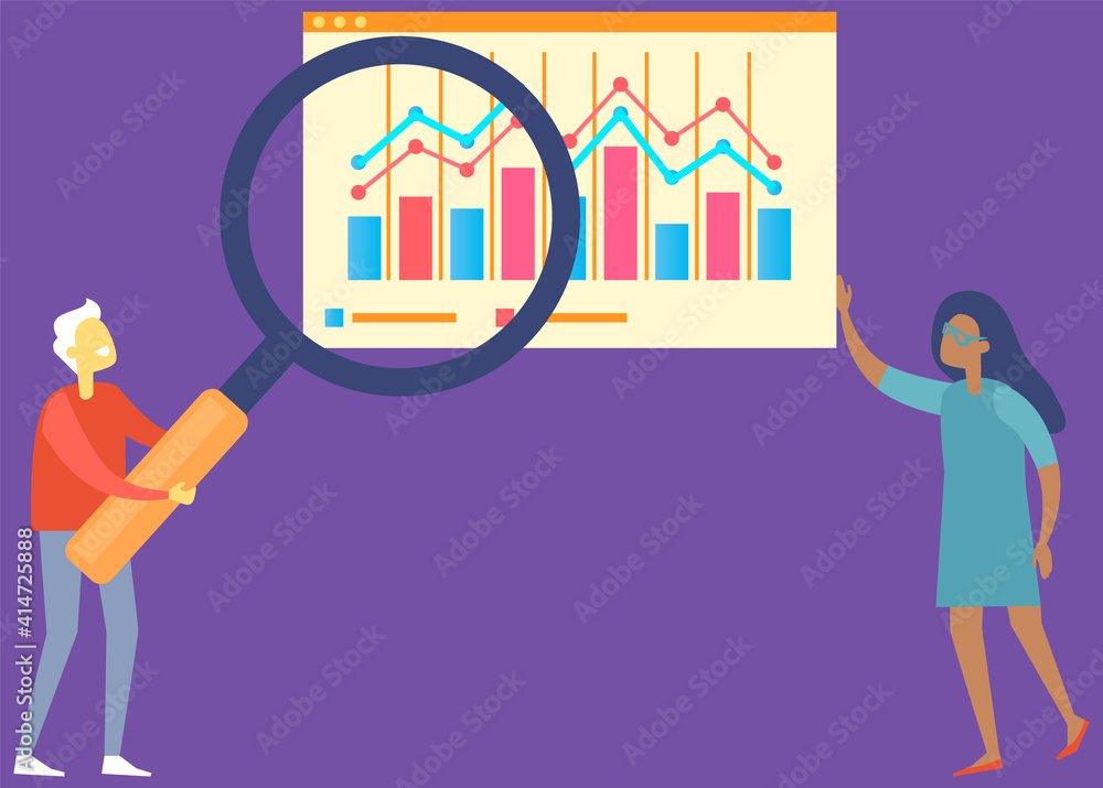 Aufkleber people with magnifying glass analyze statistical indices on presentation with graph and charts on bo