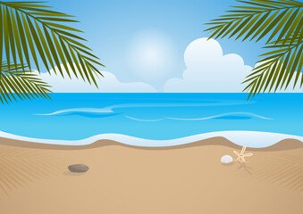 Fototapeta na wymiar Tropical beach and palm, sea view, vector illustration