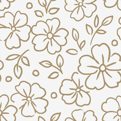 Seamless pattern with abstract flowers, buds and leaves silhouette. Background with blossoming outline flowers. Vintage floral hand drawn wallpaper. Vector stock illustration.