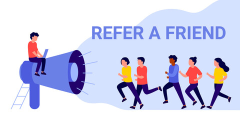 Referral marketing concept, megaphone shout Refer A Friend loyalty program. Group of people or customers run to blogger, instructor, mentor. Promotion method, recommend, invite online, share. Vector
