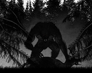 Illustration of a Werewolf Dogman Bipedal Canine standing over a fallen Deer in a forest