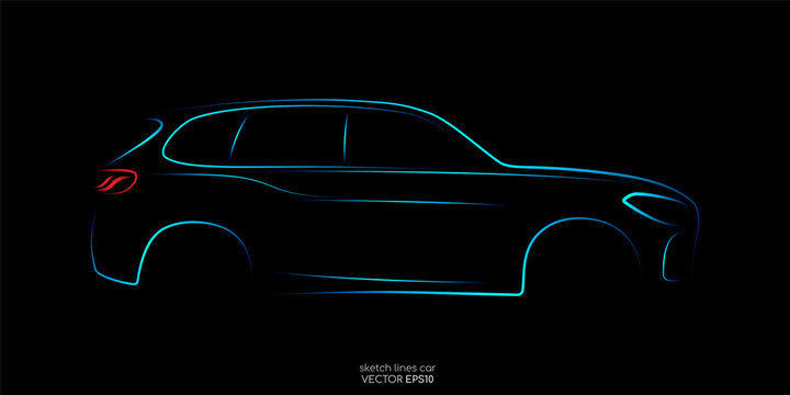 Modern SUV car sketch line silhouette blue and green light isolated on black background in side view. Vector illustration in concept technology electric car, self drive car