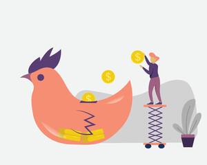 modern flat illustration. illustration of people saving money in a piggy bank in the shape of a chicken, Investment and finance growth business concept, online investing. ideal for mobile apps, UI