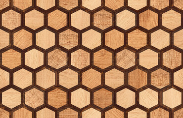 Brown hardwood parquet floor with hexagonal pattern. Wood texture background. Wooden tiles.