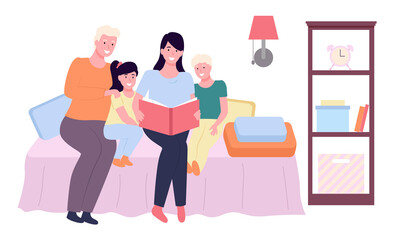 Mother reading a story to children, happy family, fairy tale, vector graphics. Child care, parenting. Mom and grandmother are sitting with son and daughter on the sofa in the room and reading a book