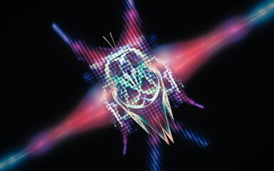 abstract illustration digital pixel butterfly with energy rays on black background