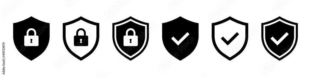 Wall mural Set of security shield icons, security shields logotypes with check mark and padlock. Security shield symbols. Vector illustration.