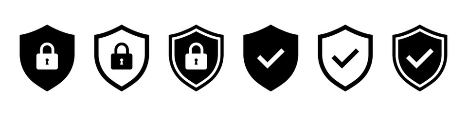 Set of security shield icons, security shields logotypes with check mark and padlock. Security shield symbols. Vector illustration. - obrazy, fototapety, plakaty