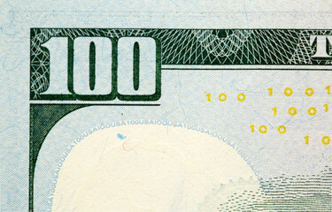 Hundred dollar bill close up. Beautiful original cash flow. One hundred bucks as a background on a long banner in high resolution.