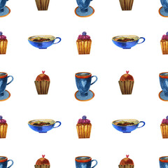 Watercolor seamless coffee pattern. Blue coffee cups, cupcakes, and a cake. Bright illustration for wrapping paper, scrapbooking, coffee products.
