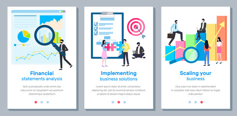 A set of banners Scaling your business landing page template, financial statements analysis, implementing business solutions. Group of specialists develops a growth plan concept with businesspeople