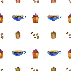 Watercolor seamless coffee pattern. Blue coffee cup, cupcake, cake, coffee beans. For wrapping paper, scrapbooking, coffee products.