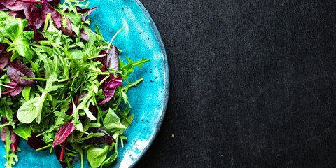mix salad lettuce leaves vegetables greens portion on the table healthy snack top view copy space for text food background rustic image keto or paleo diet