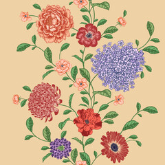 Fullcolor seamless pattern. Garden flowers roses and peonies. Vector.