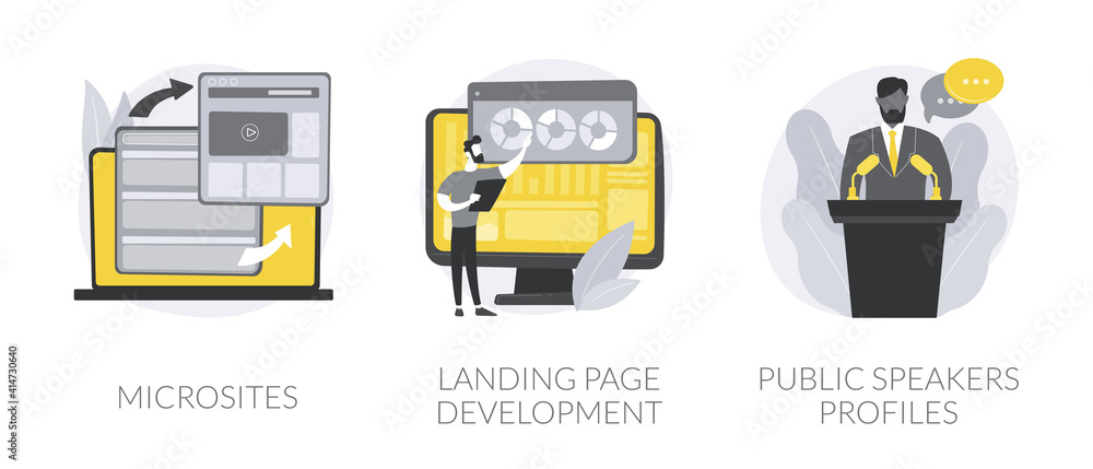 Poster web development service abstract concept vector illustration set. microsites and landing page develo