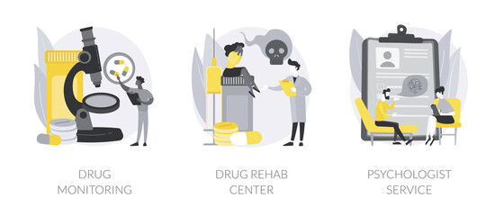 Abuse rehabilitation abstract concept vector illustration set. Drug monitoring, rehab center, psychologist service, primary healthcare, addiction therapy clinic, mental health abstract metaphor.