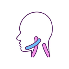 Treatment for neck pain RGB color icon. Therapeutic taping. Relaxing muscles. Performing lifting action. Prevention cramps and spasms. Relieving muscle tissue. Isolated vector illustration