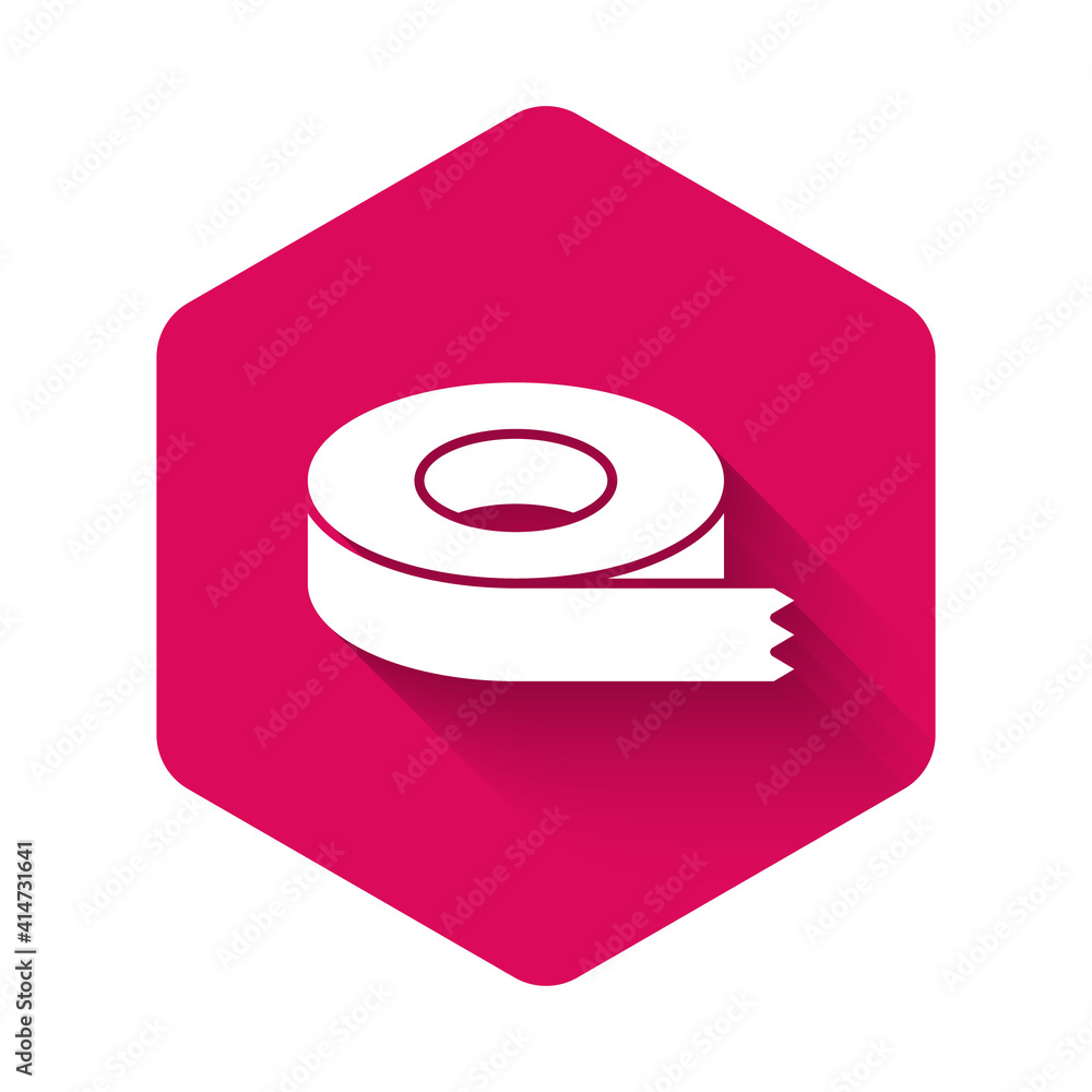 Poster white scotch tape icon isolated with long shadow background. insulating tape. pink hexagon button. v