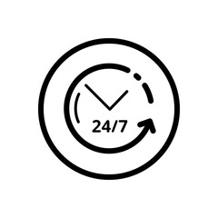 Clock. 24 7 Assistance service. Commerce outline icon in a circle. Vector illustration