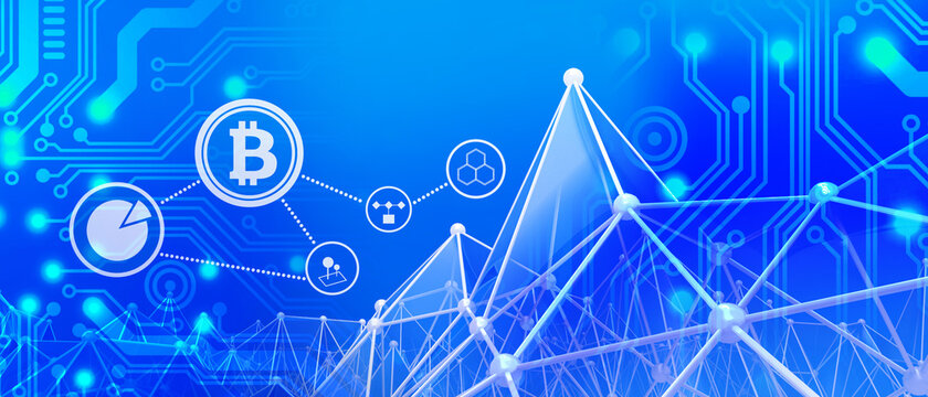 Abstract technology Block chain cryptocurrencies Connections system and Global network Concept on Blue digital Background. Big data- 3d rendering