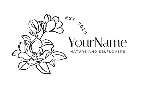 Hand drawn flowers.Perfect for personal branding, visit card, wedding invitations or packaging design. Bohemian vintage style with a modern font. Editable text.