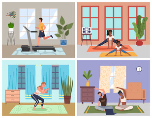 Sport at home scenes set. Training during quarantine. People go in for sports in apartment. Stay home concept. Man and woman doing exercise, train on the simulator. Vector illustration in flat style