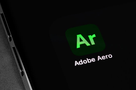 Adobe Aero mobile icon app on display smartphone, iPhone. Adobe Aero is a tool for creating and publishing augmented reality. Moscow, Russia - January 11, 2021