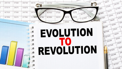 Notepad with inscriptions EVOLUTION TO REVOLUTION on a white background. business concept.