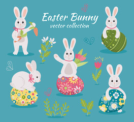 Easter Bunny and eggs - set. Vector collection of rabbits or hares with Easter eggs. Template 