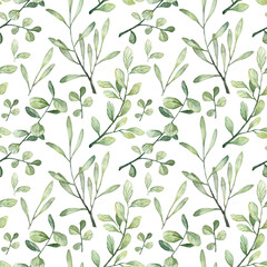 Seamless pattern with watercolor green leaves